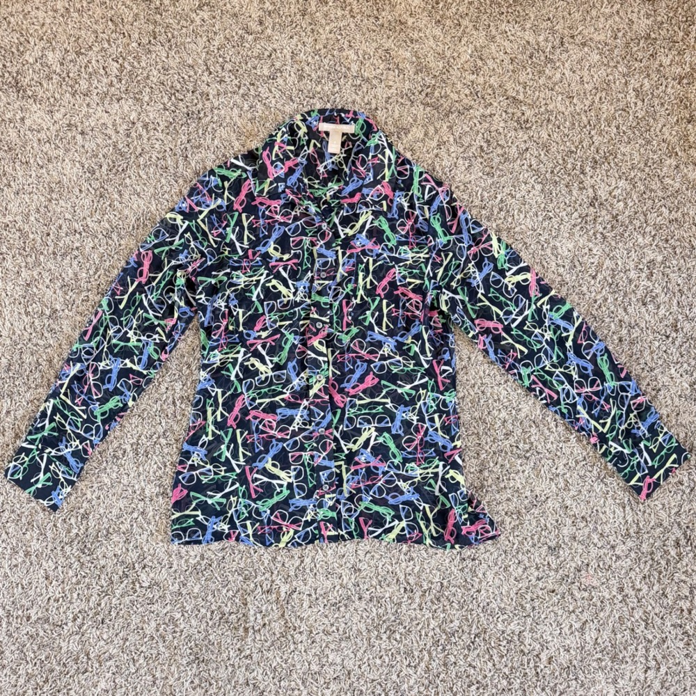 Banana Republic Neon Eyeglasses Print Sheer Button Down Shirt Small S/990757-01